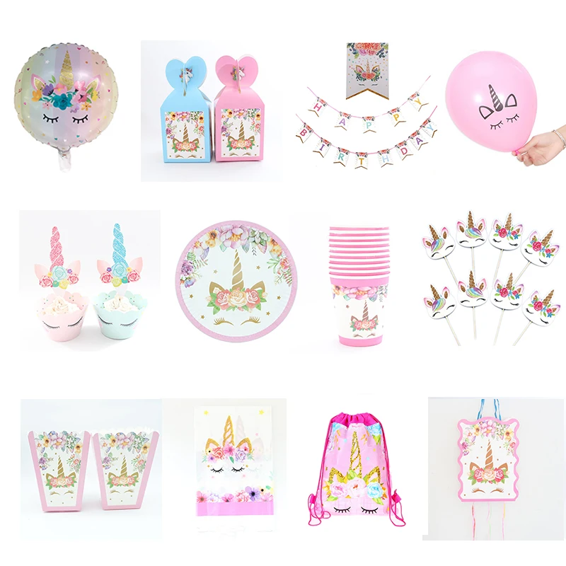 

Unicorn Cartoon Theme Party Disposable tableware paper plate cup napkin candy box tablecloth cake topper birthday party decor