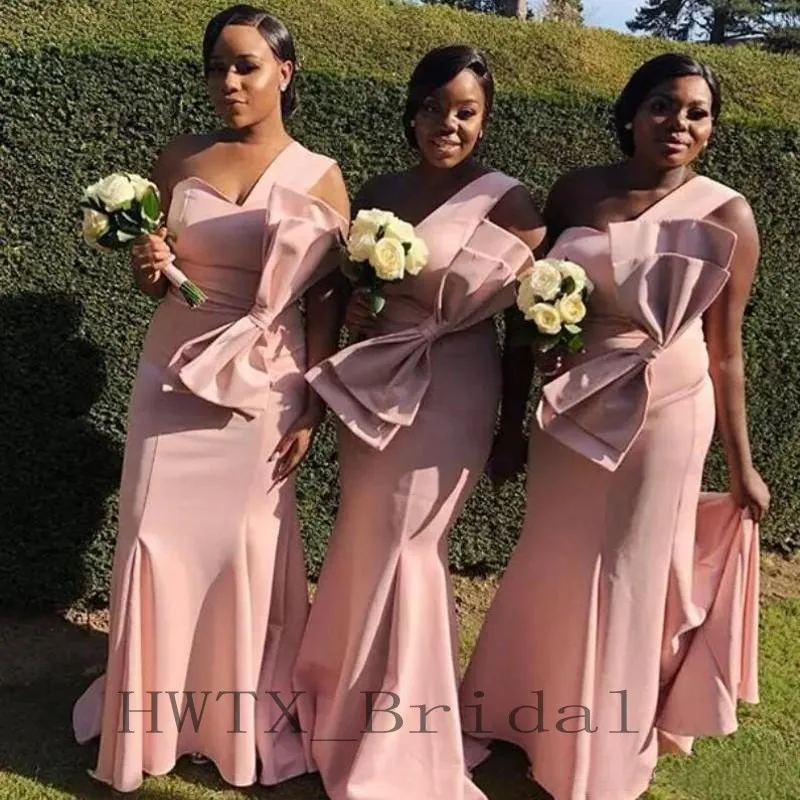 

Pink Long Bridesmaid Dresses 2018 One Shoulder Satin Sexy Mermaid African Girls Wedding Guest Dress Cheap Maid Of Honor Gowns
