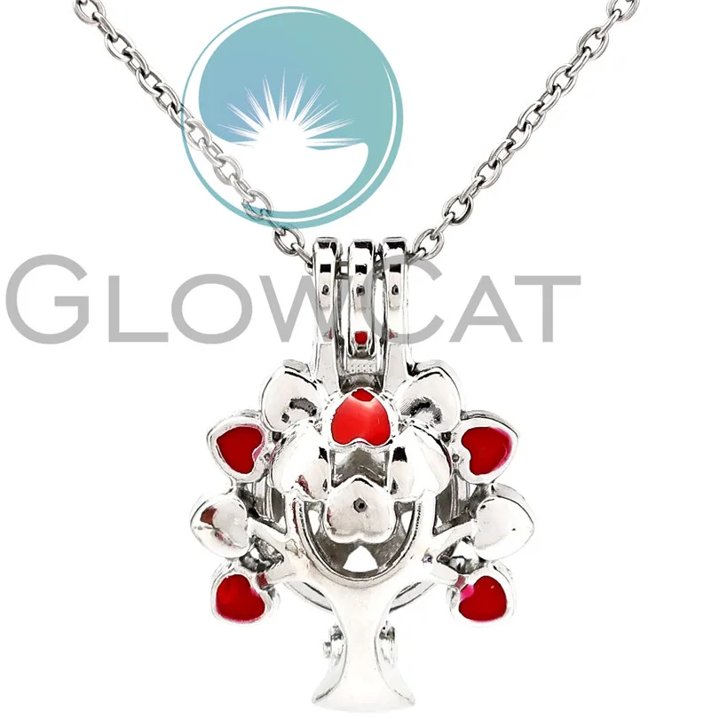 

Red Enamel Flower Life Tree Beads Cage Locket Pendant Perfume Diffuser Pearl Cage Necklace Christmas Gift KK1121