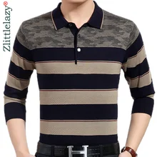 Новая дизайнерская брендовая приталенная рубашка поло с длинным рукавом мужские повседневные трикотажные толстые полосатые мужские поло Зимние теплые футболки 41295