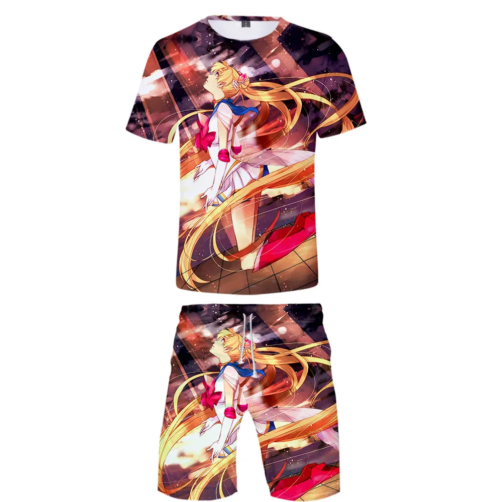 Свободный мультфильм Harajuku 3D Sailor moonHarajuku модный уличная комплект из двух предметов футболка с круглым вырезом и шорты аксессуары мужской набор