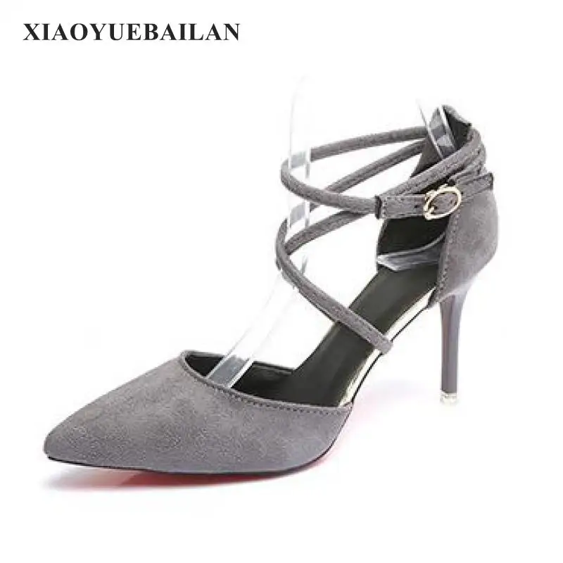 2017 New Stilettos Buckle Pointed Shallow Mouth Suede font b Shoes b font Retro