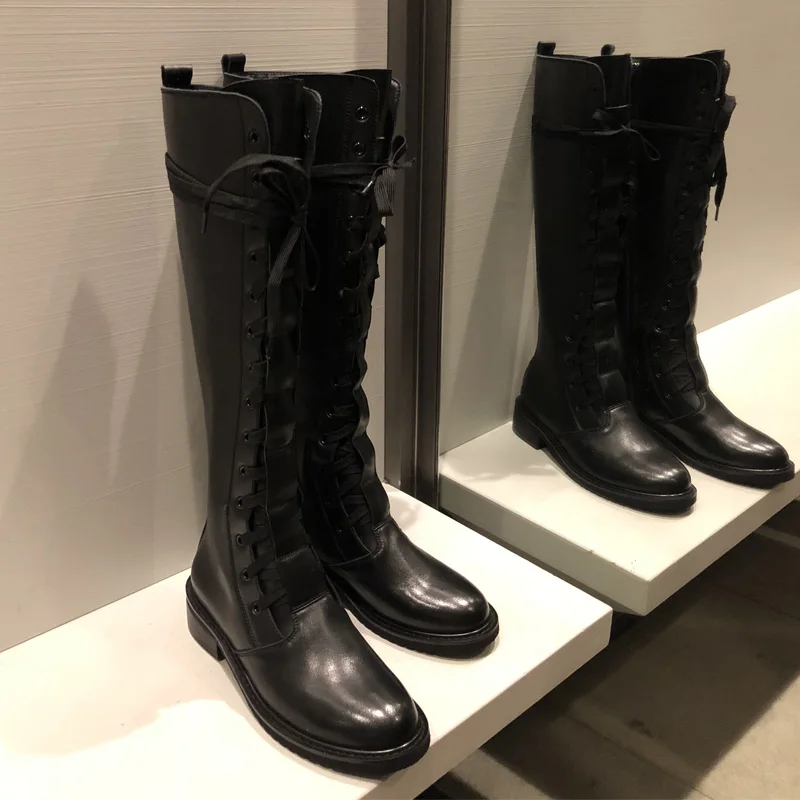 

Hot Autumn Winter Boots Woman Genuine Leather Round Toe Casual Knee High Boots Black Motorcycle boots Med Heels Mujer Shoes