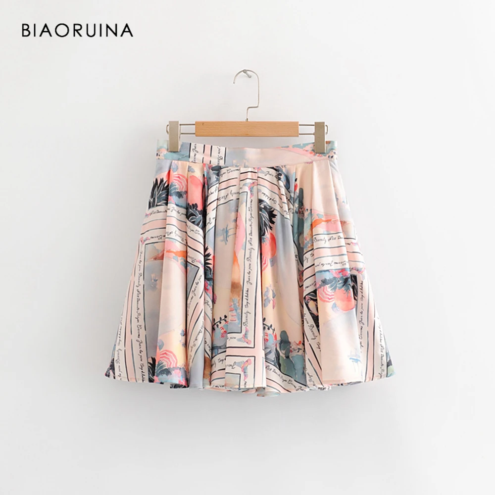 

BIAORUINA Women Casual Printing Mini Skirt Holiday Style with Lining Female High Waist A-line Skirt Girls Summer Fashion Skirts