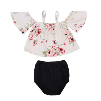 

2PCS Floral Outfit Clothes Newborn Infant Baby Girls Chiffon Tops Off Shoulder T-shirts Solid Shorts Kids Girls Sunsuit Clothes