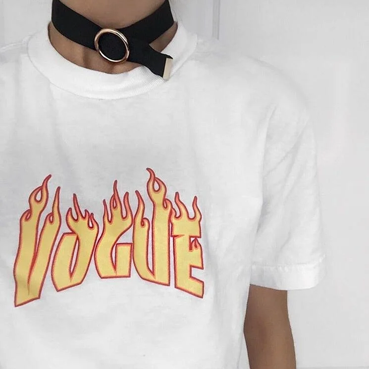 

kuakuayu HJN Vogue Flame Funny T-Shirt Unisex Grunge Style Oversized White Tee 90s Summer Casual Tops
