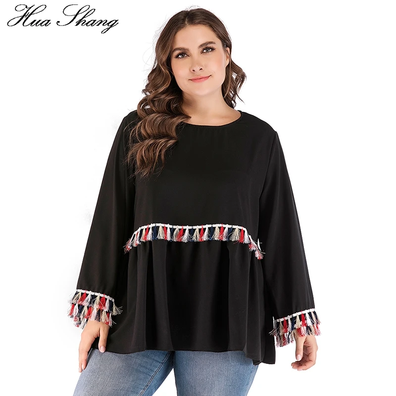 Loose Oversized Women Blouse Summer Female Long Sleeve Tassel Boho Blouse Black 4XL Plus Size 