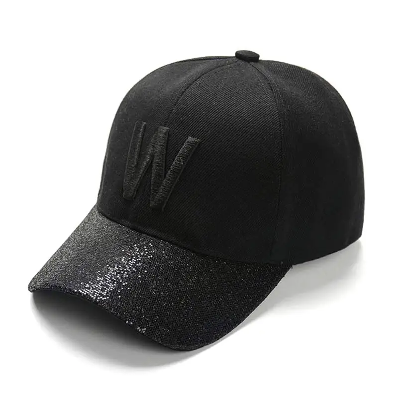 Women Cute Baseball Hat Letters U Shiny Visor Snapback Cap Black Silver 6 Panel Adjustable Size