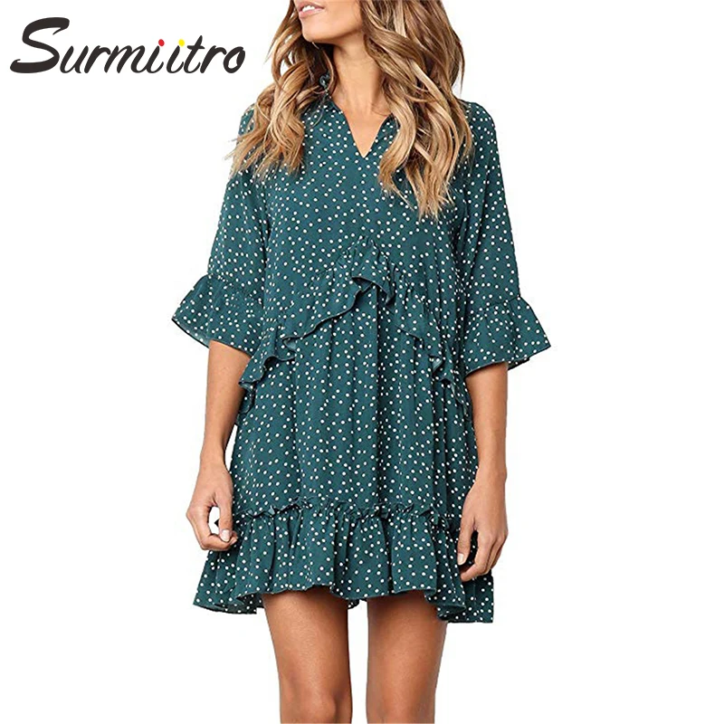 

Surmiitro Dot Print Sexy Mini Short Summer Dress Women 2019 Spring Half Flare Sleeve Beach Sundress Female Ruffles Party Dress