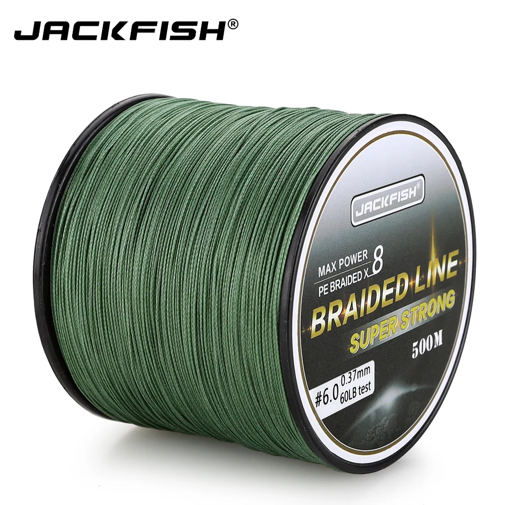 Baratos JACKFISH 500M 8 hilo más suave PE trenzado línea de pesca 10 80LB multifilamento línea de pesca carpa pesca agua salada con regalo