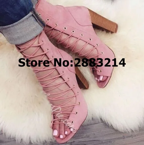 

Black Brown Suede Lady Gladiator Designed Open Toe Sandals Boots Chunky Heels Summer Tie Up Ankle Short Boots Shoes Woman