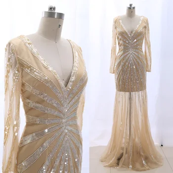 

MACloth Champagne A-Line V Neck Floor-Length Long Beading Tulle Prom Dresses Dress M 265239 Clearance