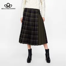 Новинка, осенняя винтажная плиссированная юбка миди в клетку с поясом и боковой молнией, уличная Женская юбка, повседневная юбка Faldas Mujer