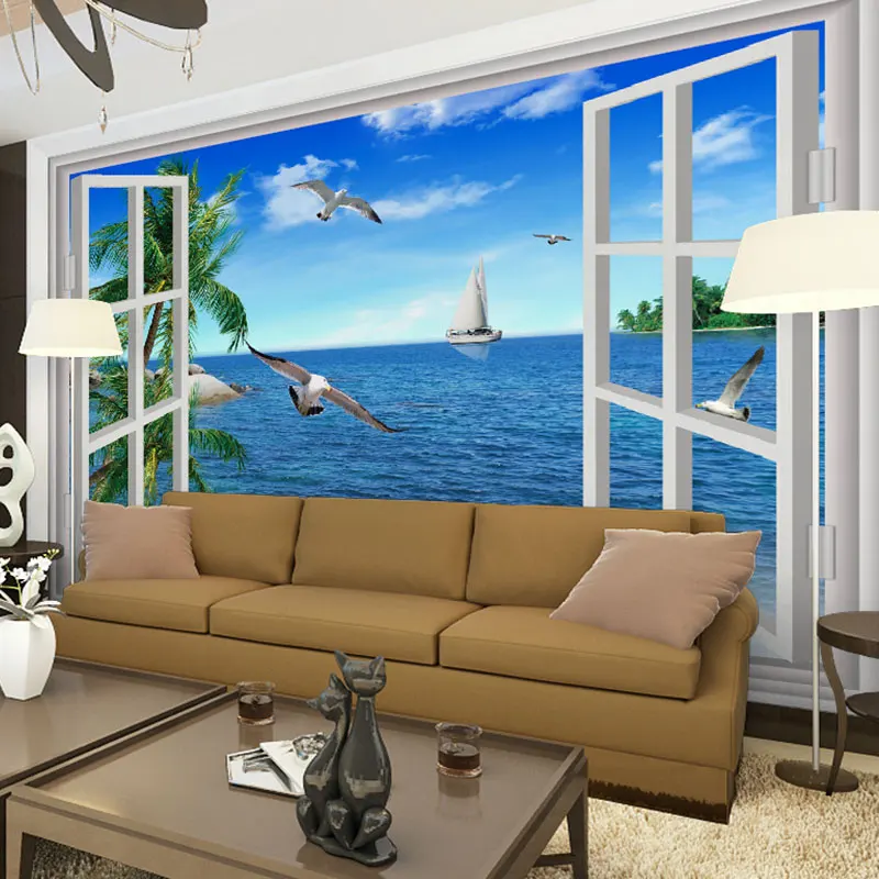 Mediterranean seascape window seabirds papel de parede 3d photo wallpaper mural wallpaper for living room wall papers home decor