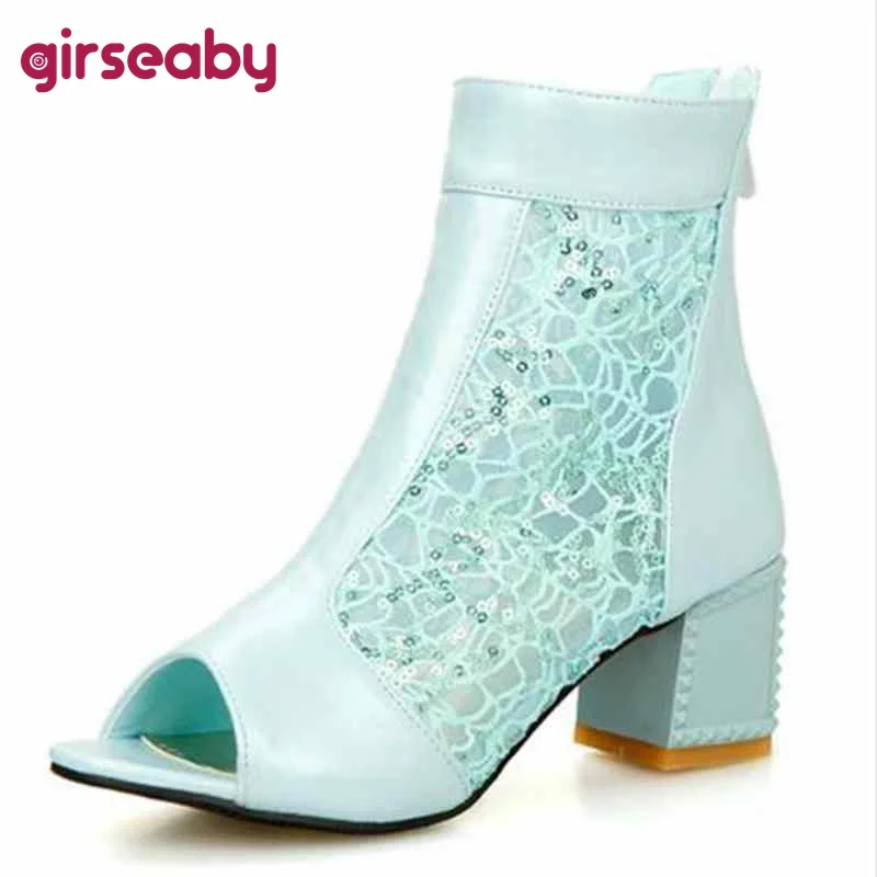 

Girseaby Women summer boots Ladies shoes Peep toe Fretwork Mesh air Square heel Shoes woman ankle boots Summer Large size 45 44