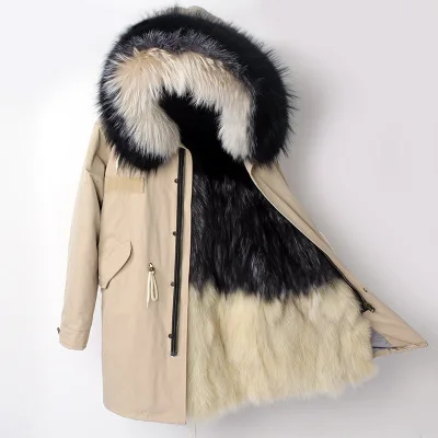 Новая зимняя куртка для женщин натуральный триколор енота меховой капюшон, воротник с серебряным лисьим мехом Длинная Куртка парка Повседневная брендовая - Цвет: 11