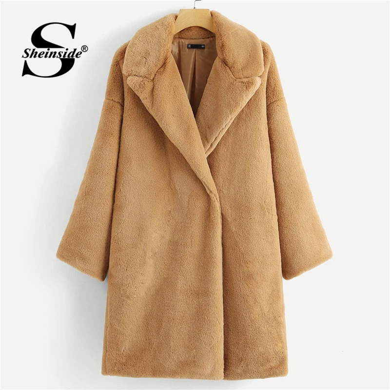 

Sheinside Camel Button Front Faux Fur Teddy Coat Women Winter Clothes 2018 Office Ladies Casual Outerwear Womens Warm Long Coats