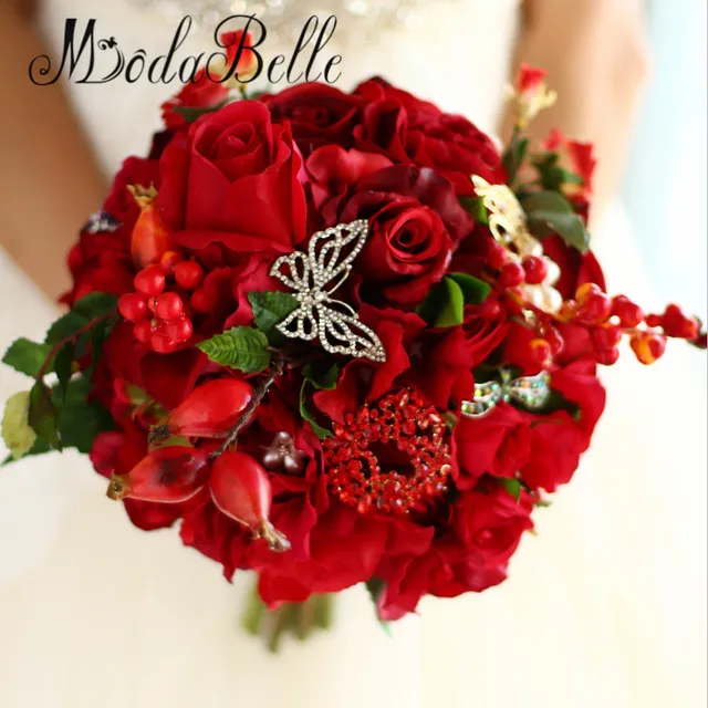 2016 Beautiful Red Roses Wedding Flowers Bridal Bouquets 2016 Beautiful Red Roses Wedding Flowers Bridal Bouquets Artificial Handmade Brooch Buque Noiva For Bridesmaids