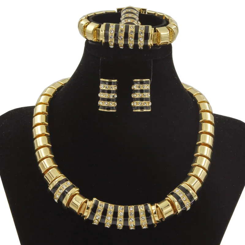 

African Jewelry Black Gold Embellished Crystal Hip Hop Collar Necklace Earrings Ring Bracelet Women Fashion Jewelry