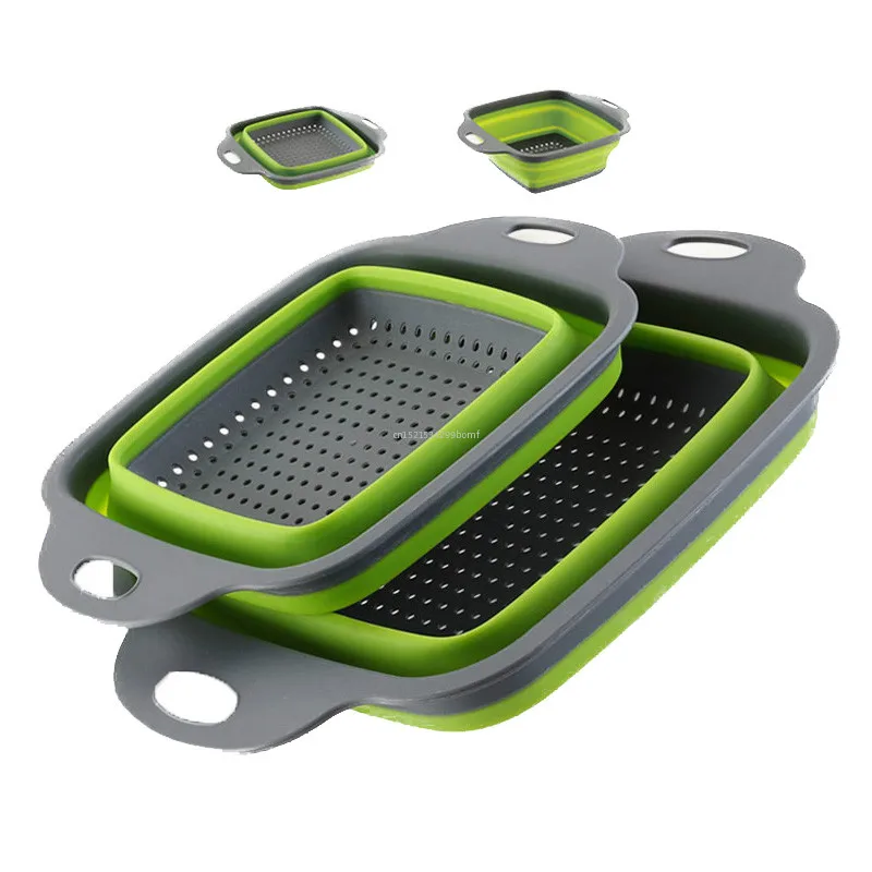 

2 in 1 Foldable Strainer Basket Collapsible Colander Sets Square Shape Fruit Vegetable Washing Drainer Kitchen Baskets CF-49