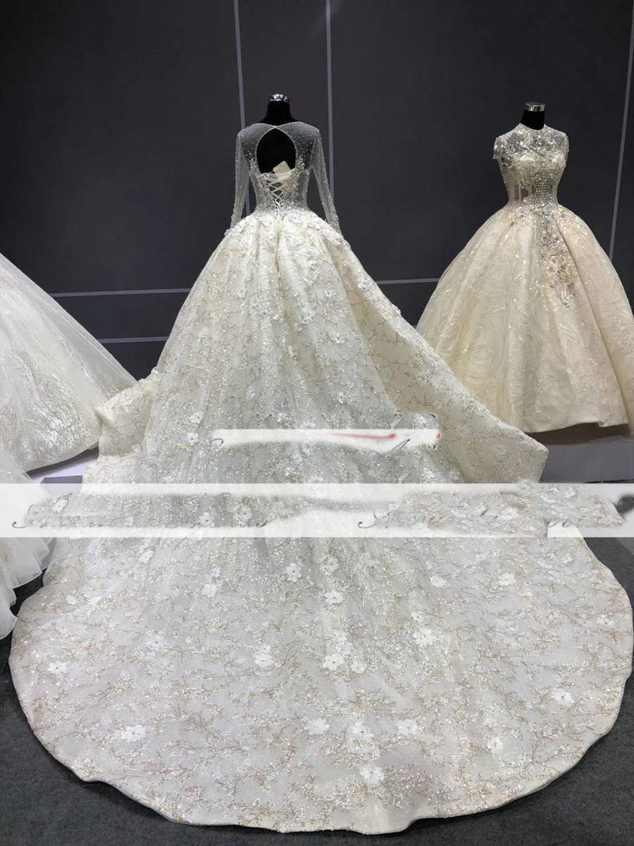 CloverBridal дорогой достойный слоновой кости Иллюзия с длинным рукавом длина пола камни жемчуг Цветы Роскошные свадебные платья