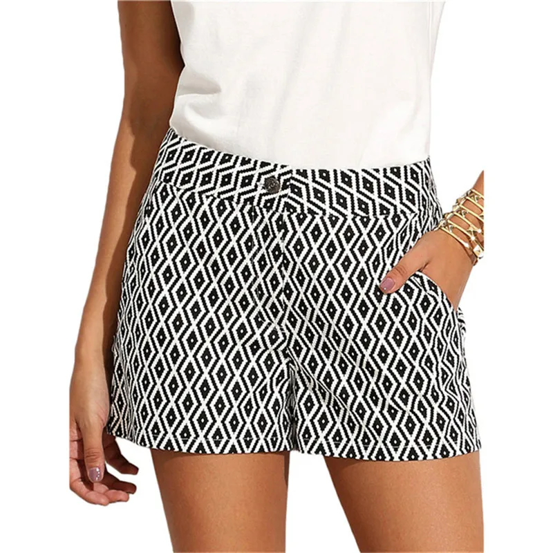 

CUHAKCI Hot Sale Women Summer Shorts Print Wave Plaid Diamond Female Black and White Casual Shorts Slim Pocket Straight Shorts