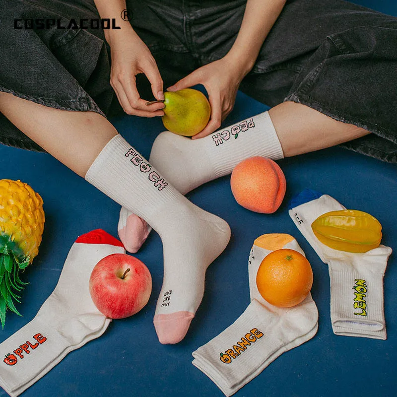 

[COSPLACOOL]Harajuku Fruit Letter Funny Socks Korean Creative Peach/Avocado/Lemon Socks Women Warm Cute Novelty Femme Sokken