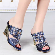 2016 New European Summer Diamond Leather High Heel Shoes Wedges Footwear Online Shopping Sandals Thick Big Size