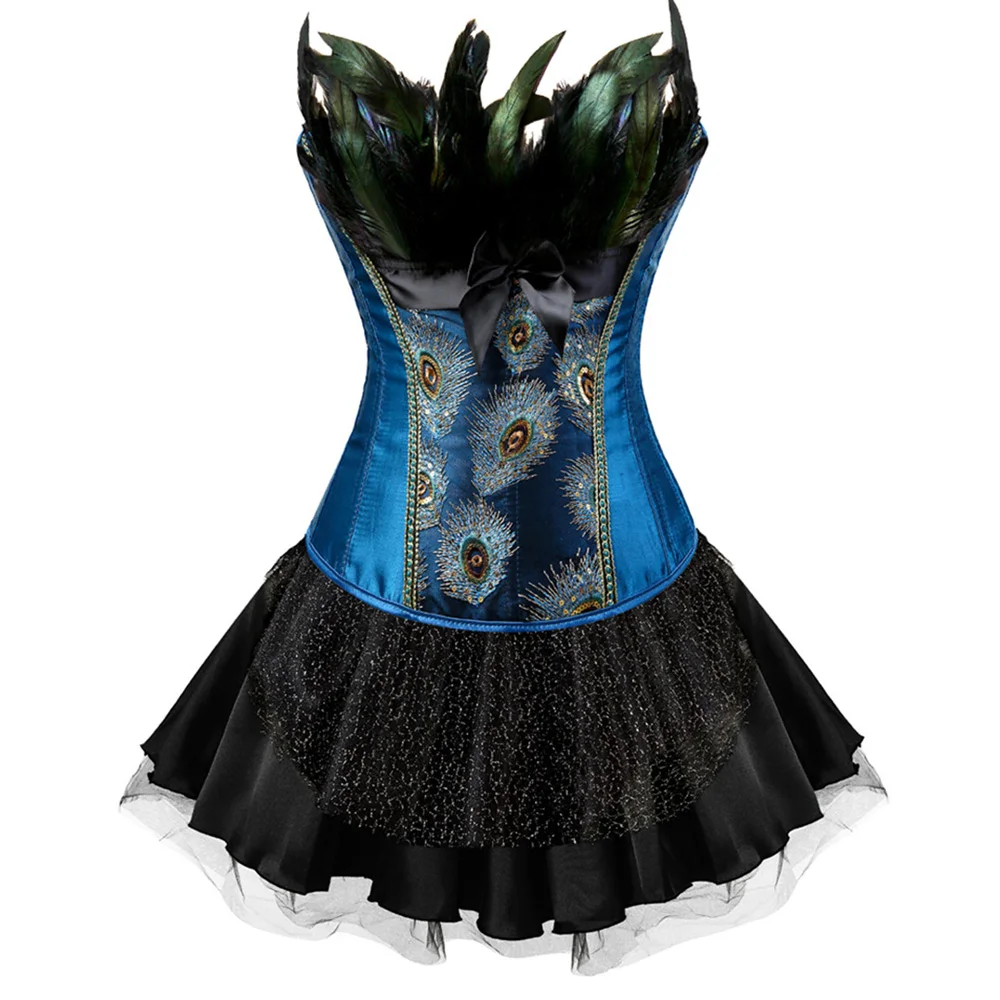 

Gothic Dress Plus Size Steampunk Costume Lace Up Corset Dress Strapless Feather Appliques Vintage Party Club Burlesque Dress