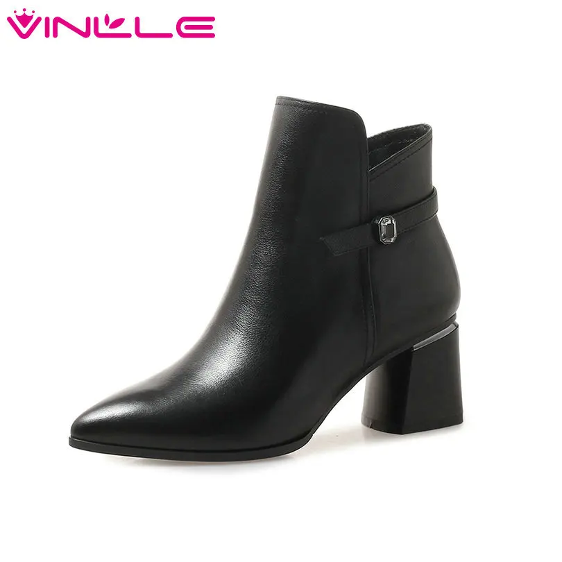 

VINLLE 2019 Women Ankle Boots Platform Square High Heel Pointed Toe Black Cow Leather +PU Winter Shoes Women Boots Size 34-42