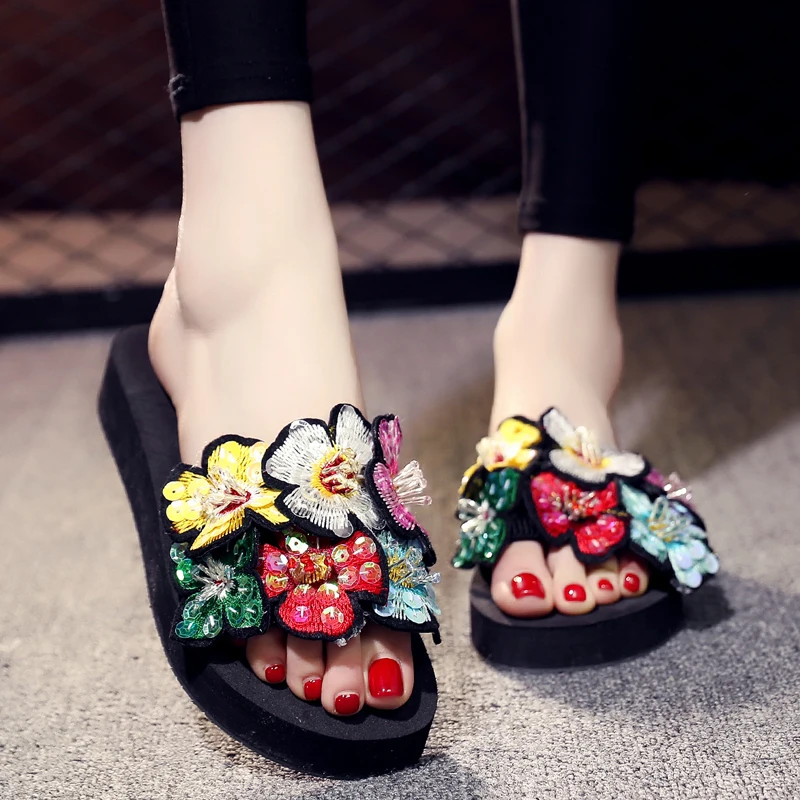 

3CM/6CM Heel Height Women Wedges Shoes Summer Fashion Outdoor Bling Beach Shoes Slippers Slides