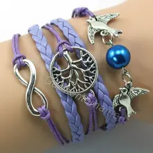 10pcs  new multilayer metal peace bird with pearl / tree of life / infinity leather cord bracelet set free shipping 