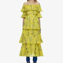 Women off shoulder floral printed heart painted ruffle yellow summer long dress