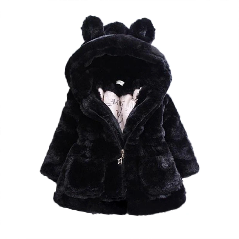 black girl coat Зимнее пальто с капюшоном для девочек с кроликом; плотные куртки для девочек; теплая верхняя одежда; одежда для малышей; одежда для детей 1-7 лет - Цвет: black girl coat