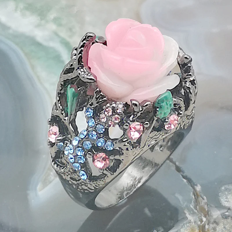 Уникальный цветок розы циркония Anillos лунный камень кольца с животными для женщин Винтаж Мода Черное золото массивные кольца женские ювелирные изделия