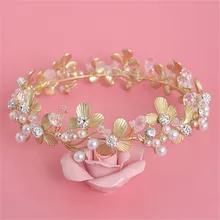 Barroco hojas de oro de la Tiara Peal corona nupcial de las flores diadema de princesa diadema joyería cristalina del pelo para accesorios de la boda