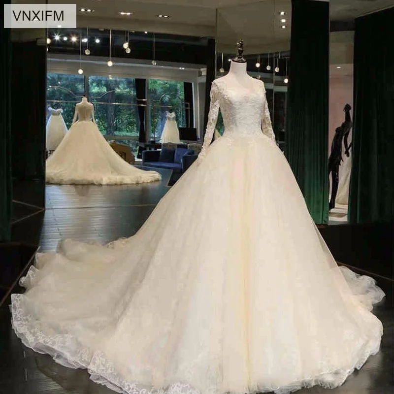 

VNXIFM 2019 Jewel Neck A-line Wedding Dresses Cathedral Train Appliques Beaded Long Sleeve Button up Back Bridal Wedding Gowns