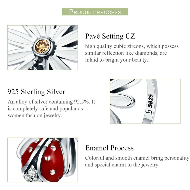 BAMOER Весенняя коллекция 925 пробы серебряные кольца на палец в виде цветка и божьей коровки Wonderland для женщин ювелирные изделия из стерлингового серебра SCR284