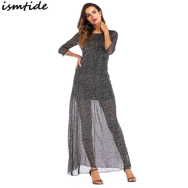 Black Sparkle Mesh Scoop Neck Backless Long Sleeve Maxi Dress 2018