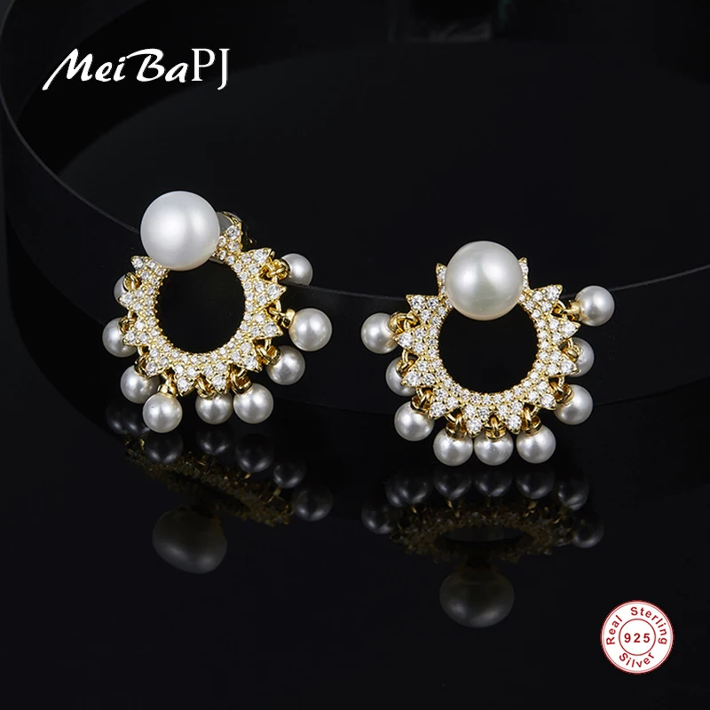

[MeiBaPJ] Real 925 Sterling Silver Fashion Stud Earring Natural Freshwater Pearl Earrings Fine Party Jewelry
