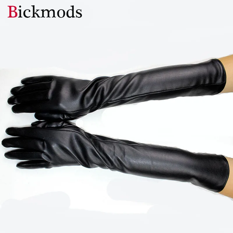 48 см длинные перчатки из искусственной кожи женские черные кожаные Локоть длинные прямые линии стиль бархат подкладка теплые руки наборы