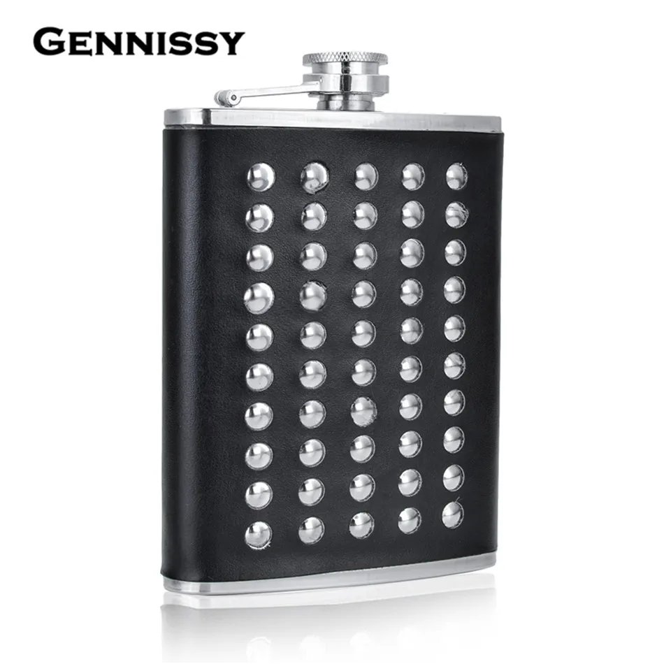 Personalized Alcohol Flask 8oz Studded Design PU Leather Stainless