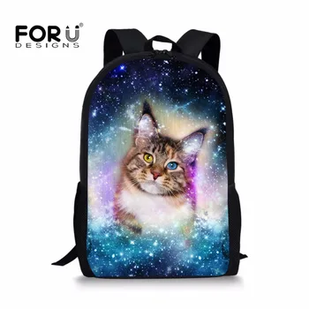 

FORUDESIGNS Children School Bags Funny Cat Color Space Pet Printing School Backpack for Teenage Boys Girls Kids Book Bags Cute