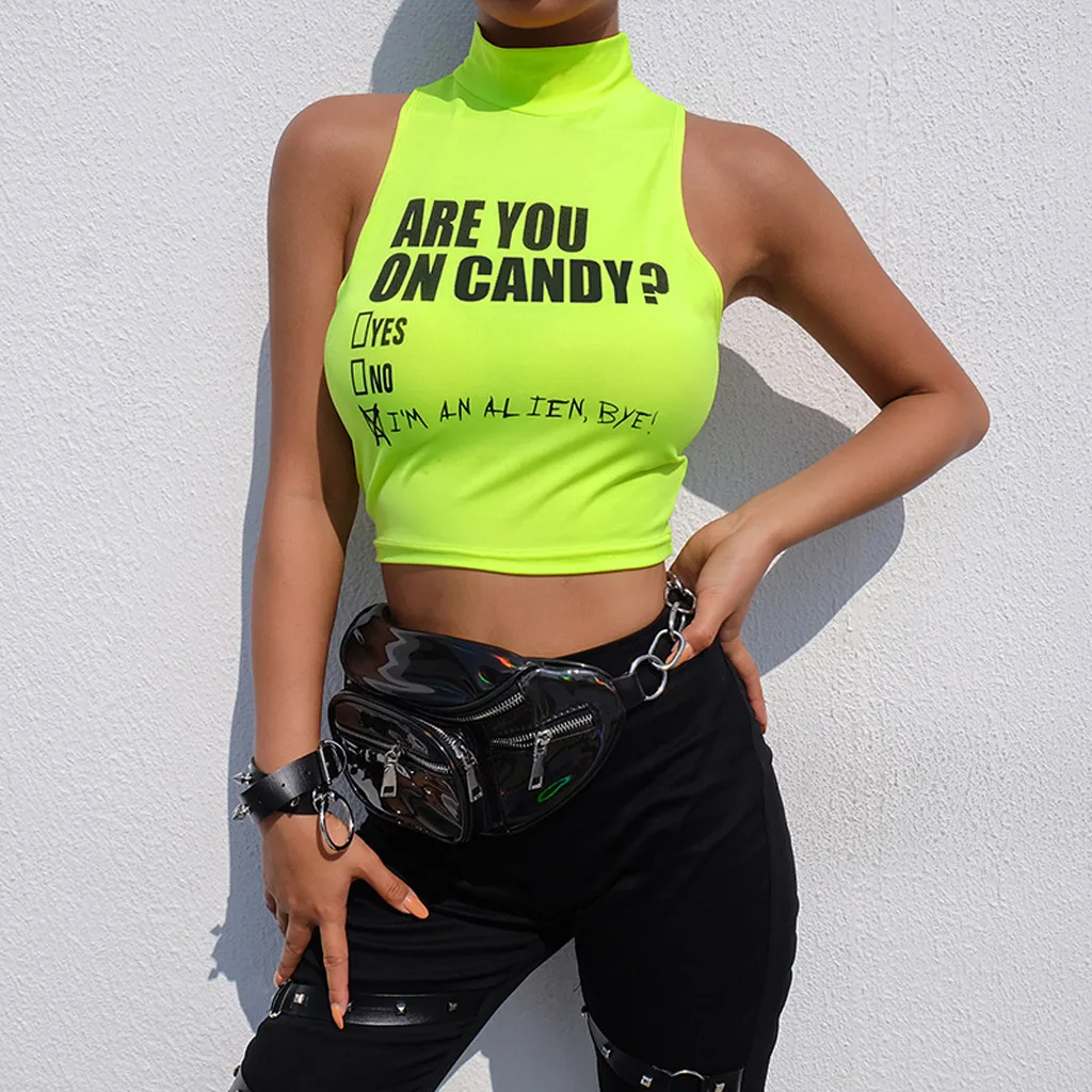 Fashion Fluorescent Green Summer 2020 Tank Top Women Active Wear Front Letter Print Turtleneck Sexy Bralette Crop | Женская одежда