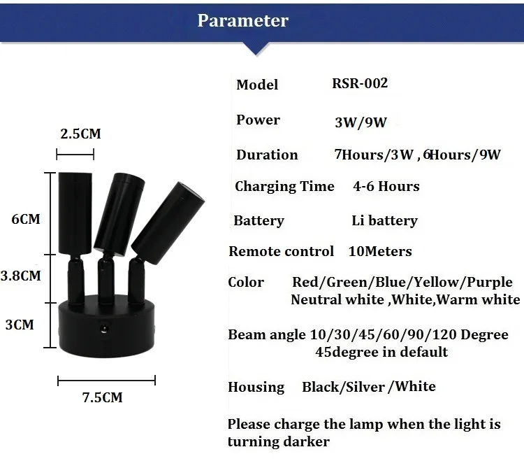 3 Вт/9 Вт подзарядка с тройной головкой удаленный светильник, пульт дистанционного управления показать светильник, 3 головы встроенный шкаф стекло led батарея точечный светильник