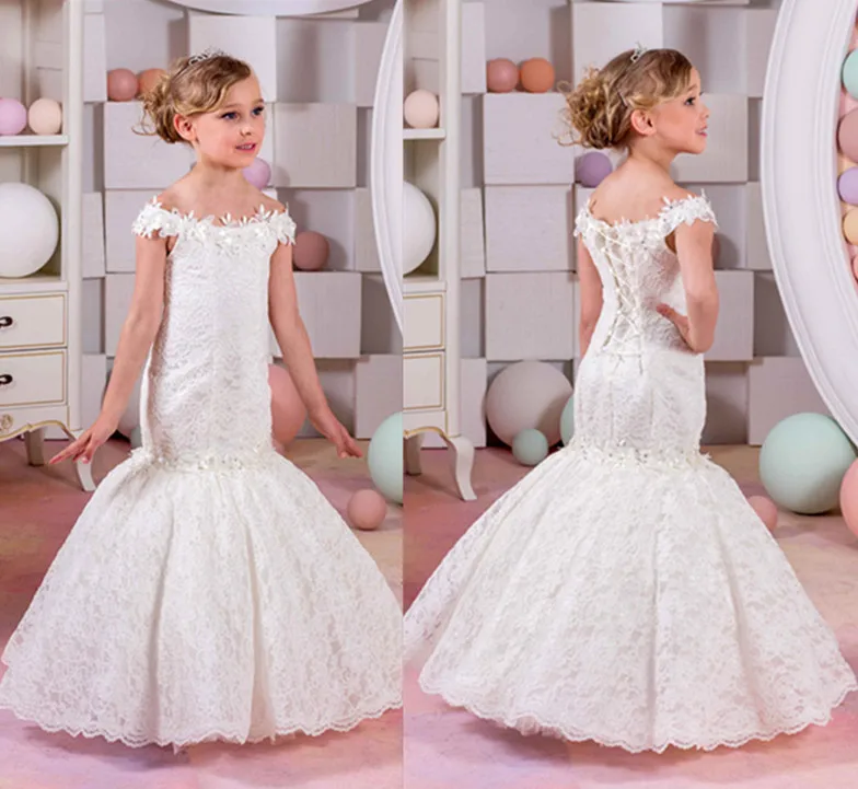 

2019 Little Girls First Communion Dresses Mermaid Lace Off Shoulder Flower Girl Dresses for Weddings Christmas Gown White Ivory