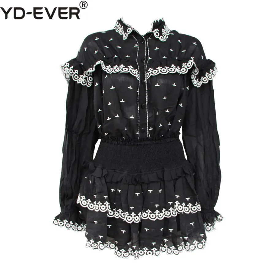 

2019 Two Piece Set Women Blouse and Mesh Skirt 2 Piece Outfits for Women High Quality Black Embroidery Ruffled Style Women Sets