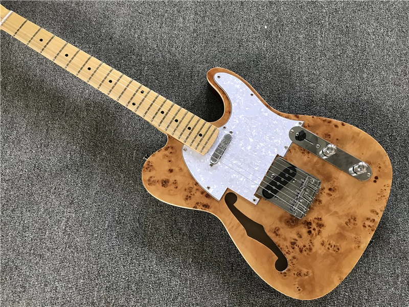 

Factory Wholesale Wood Color Semi-hollow Electric Guitar with Burl Veneer, White Pearl Pickguard,Offer Customized