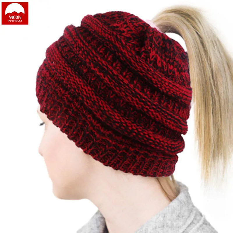 القمر الشتاء امرأة قبعة الصوف محبوك هول كاب ذيل حصان جديلة التزلج القبعات جديد أزياء الدافئة الشباب البرية الترفيه فتاة قبعة