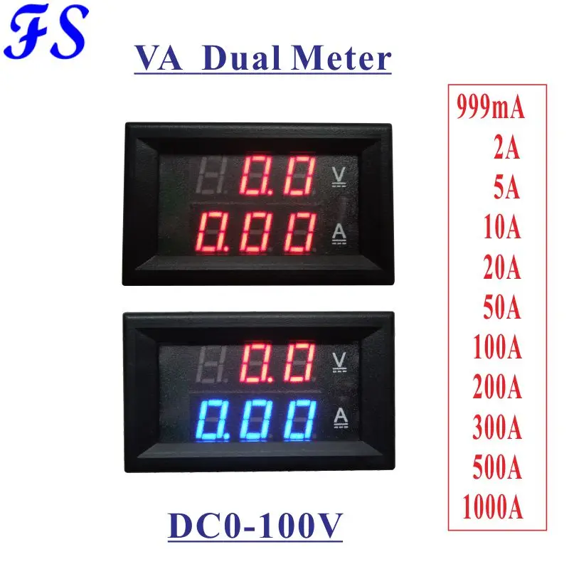 DC 0-100V Вольтметр Амперметр постоянного тока 0-5A 10A 20A 50A 100A 200A 300A 500A 1000A цифровой светодиодный Напряжение ток 0,28 ''Дисплей с черным покрытием